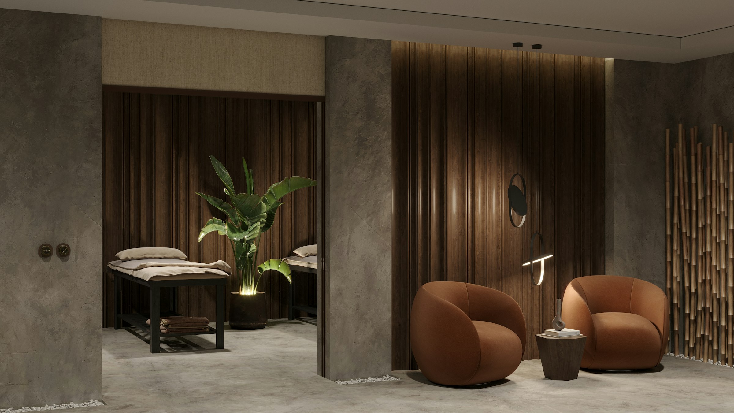 The warm, serene private lounge at Helia Spa
